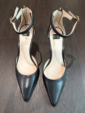 Louise et Cie Black Pointed Ankle-Strap Pumps with Gold Buckles